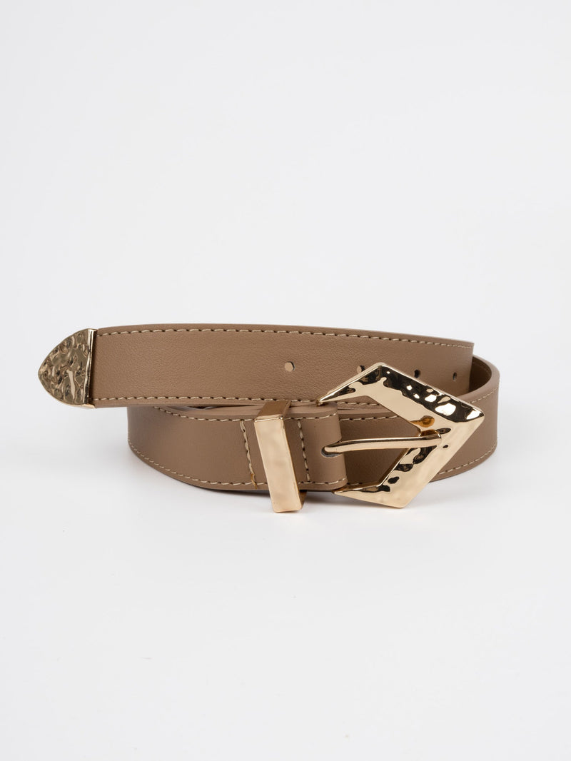Vegan PU Leather Belt - Anglet - Irregular Diamond Buckle - Gold / Beige - 104cm