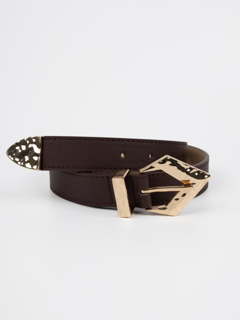 Vegan PU Leather Belt - Anglet - Irregular Diamond Buckle - Gold / Brown - 104cm