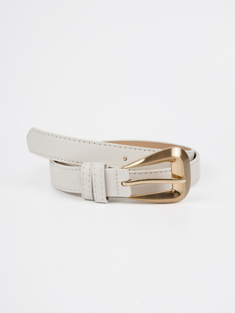 Vegan PU Leather Belt - Chartres - Chunky Buckle - Gold / White - 103cm