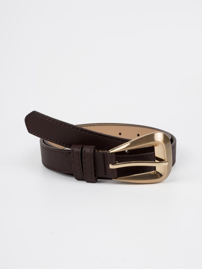 Vegan PU Leather Belt - Chartres - Chunky Buckle - Gold / Brown - 103cm