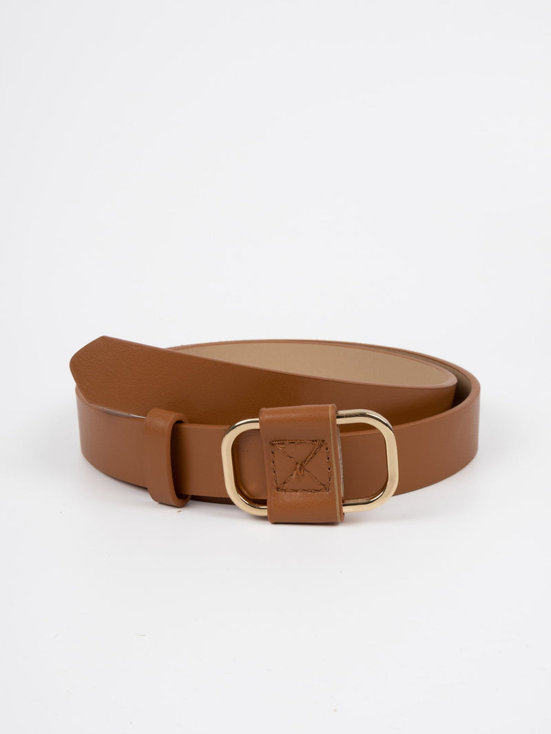 Vegan PU Leather Belt - Le Port - Thin Buckle - Gold / Tan - 103cm