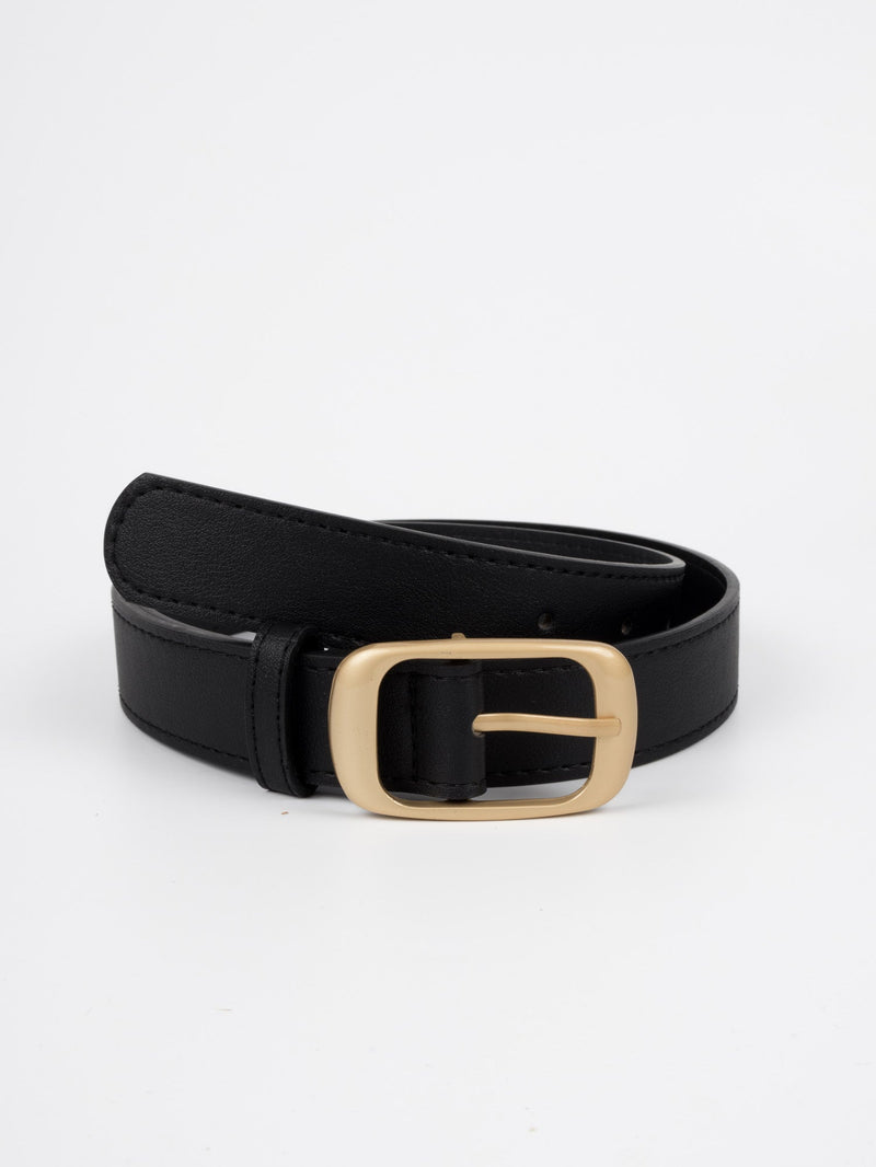 Vegan PU Leather Belt - Auxerre - Classic Rectangular Buckle - Gold / Black - 103cm