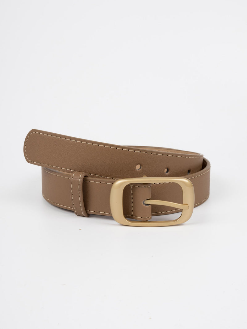 Vegan PU Leather Belt - Auxerre - Classic Rectangular Buckle - Gold / Beige - 103cm
