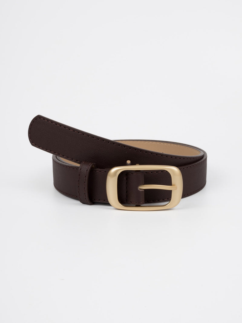 Vegan PU Leather Belt - Auxerre - Classic Rectangular Buckle - Gold / Coffee - 103cm