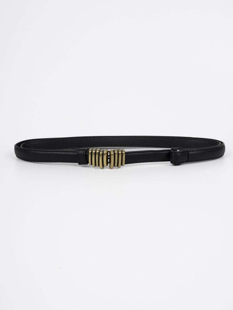 Vegan PU Leather Belt - Nevers - Vertical Lines Buckle - Gold / Black - 100cm