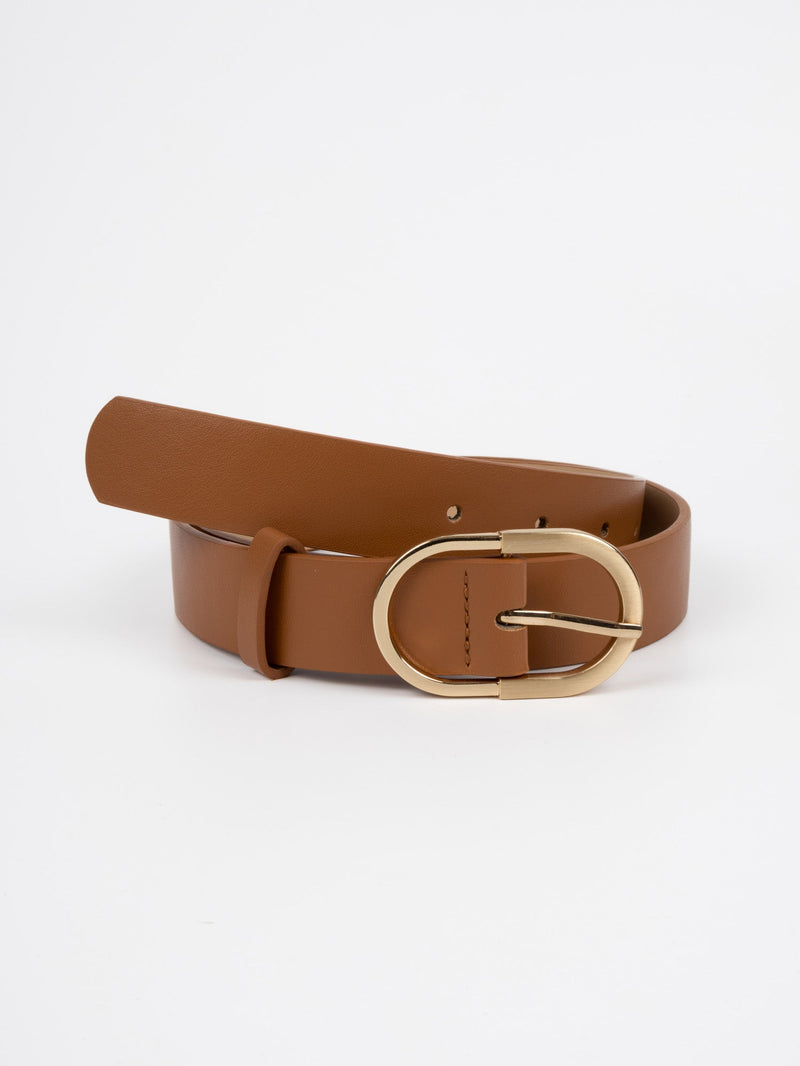 Vegan PU Leather Belt - Agen - Wide Oval Buckle - Gold / Tan - 103cm