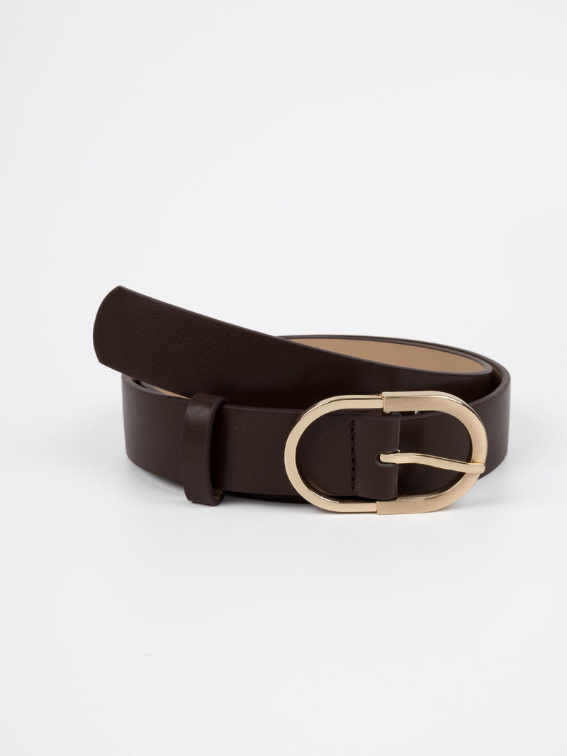 Vegan PU Leather Belt - Agen - Wide Oval Buckle - Gold / Coffee - 103cm