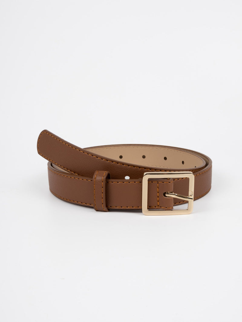 Vegan PU Leather Belt - Creil - Square Buckle - Gold / Brown - 106cm