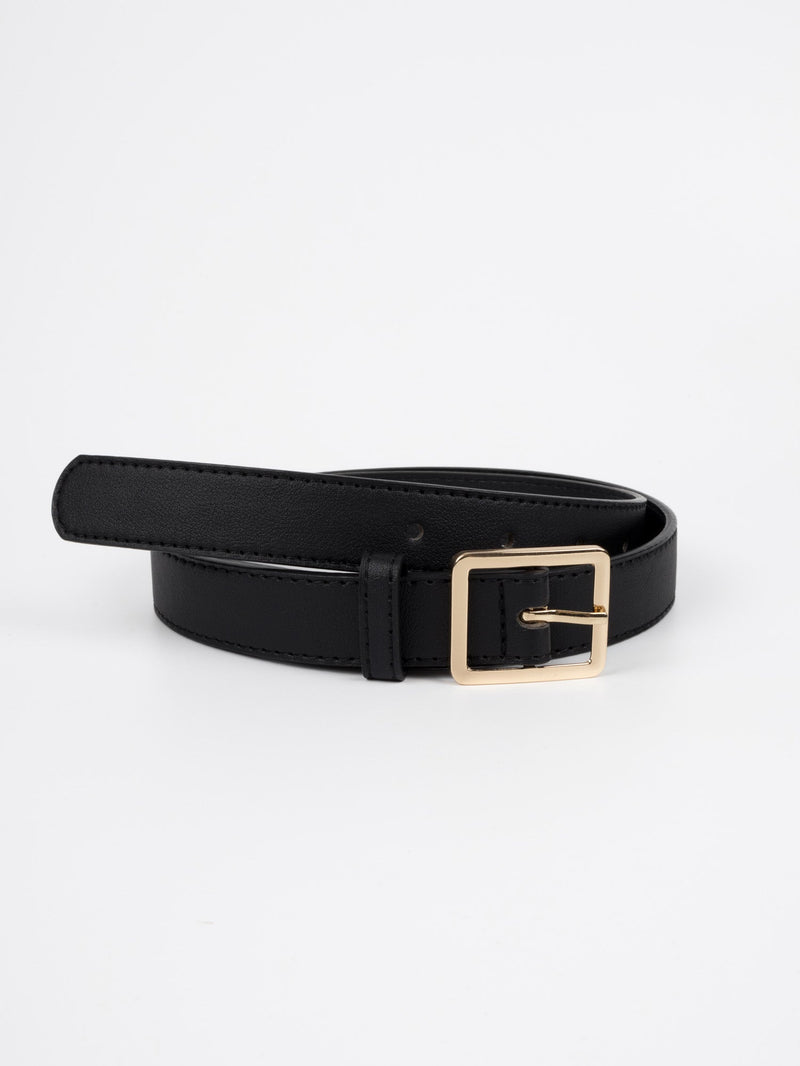 Vegan PU Leather Belt - Creil - Square Buckle - Gold / Black - 106cm