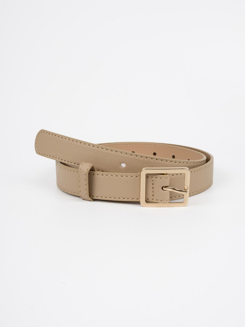 Vegan PU Leather Belt - Creil - Square Buckle - Gold / Beige - 106cm