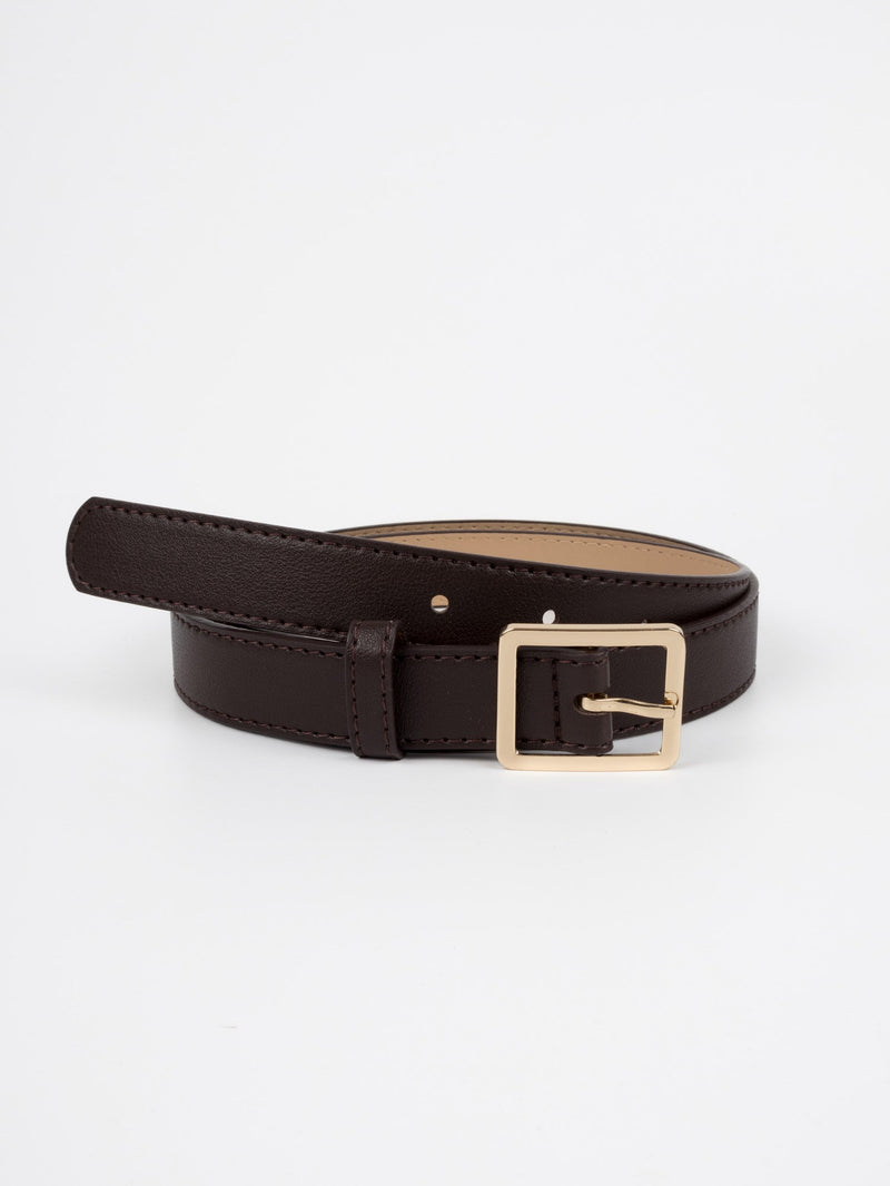 Vegan PU Leather Belt - Creil - Square Buckle - Gold / Coffee - 106cm