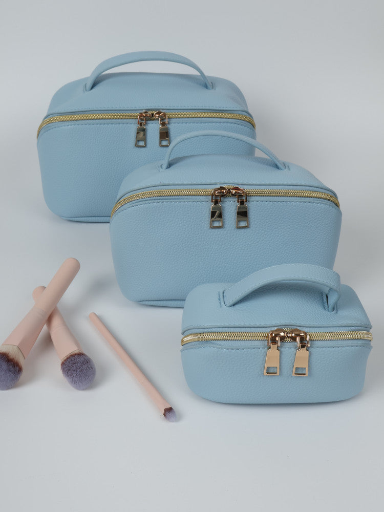 Vegan PU Leather Cosmetic Beauty Bag - Set Of 3 - Light Blue