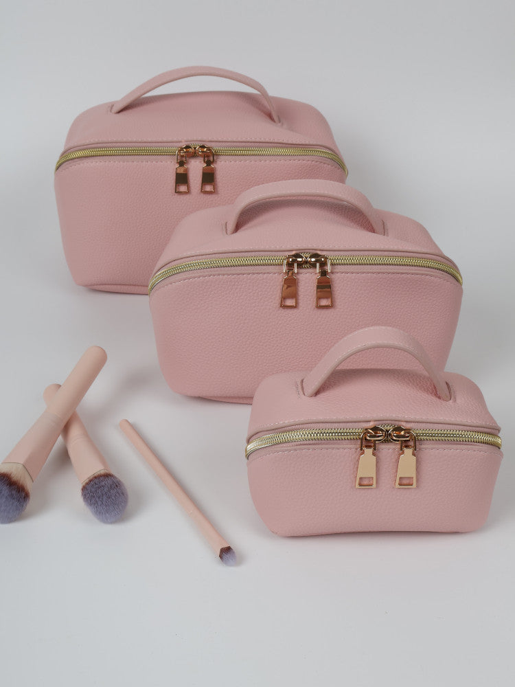 Vegan PU Leather Cosmetic Beauty Bag - Set Of 3 - Light Pink