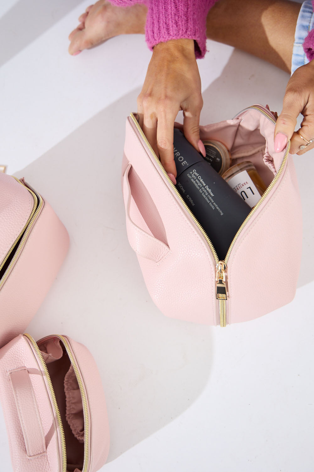 Vegan PU Leather Cosmetic Beauty Bag Set Of Light Pink