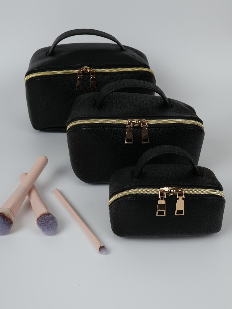 Vegan PU Leather Cosmetic Beauty Bag - Set Of 3 - Black