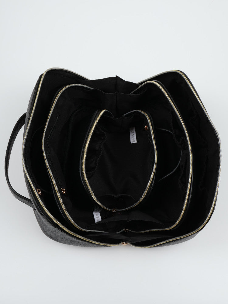 Vegan PU Leather Cosmetic Beauty Bag - Set Of 3 - Black