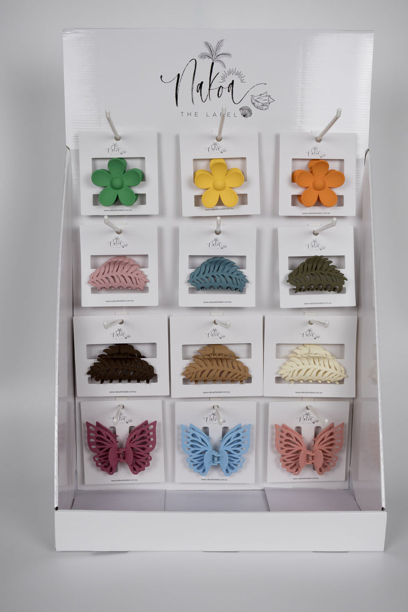 3 x Assorted Flower Claw Clips, 3 Assorted Small Double Butterflies, 3 Assorted Small Leaves, 3 Assorted Medium Leaves  - 3 Per Colour - Total 36 Pieces