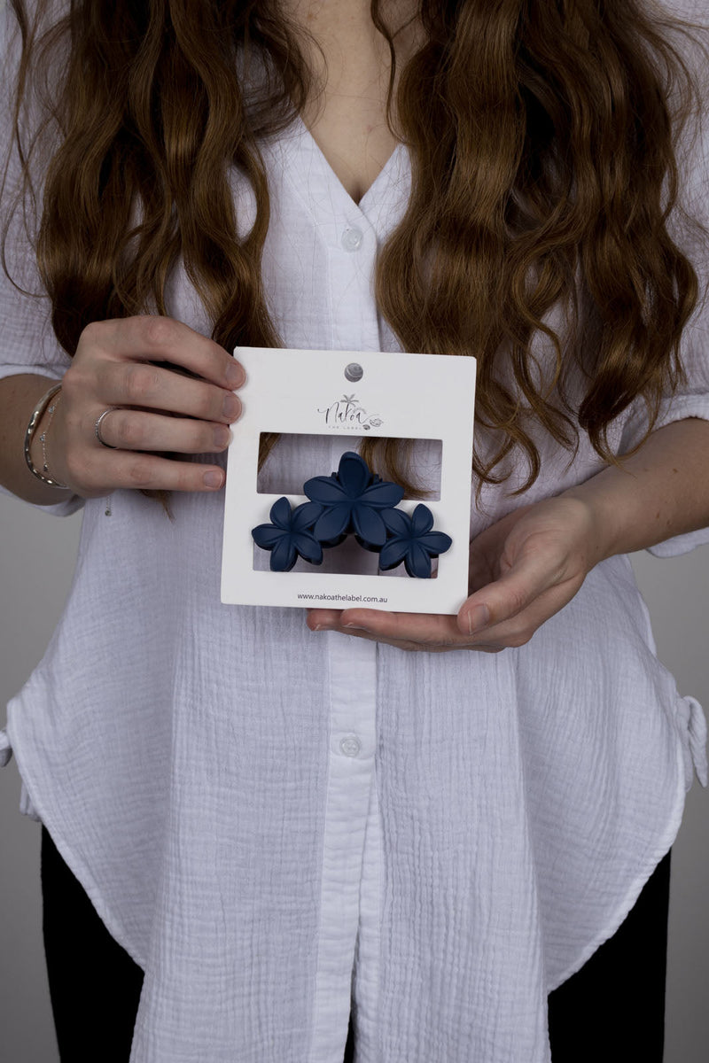 Claw Clip -- Frangipani Flower Trio - Navy