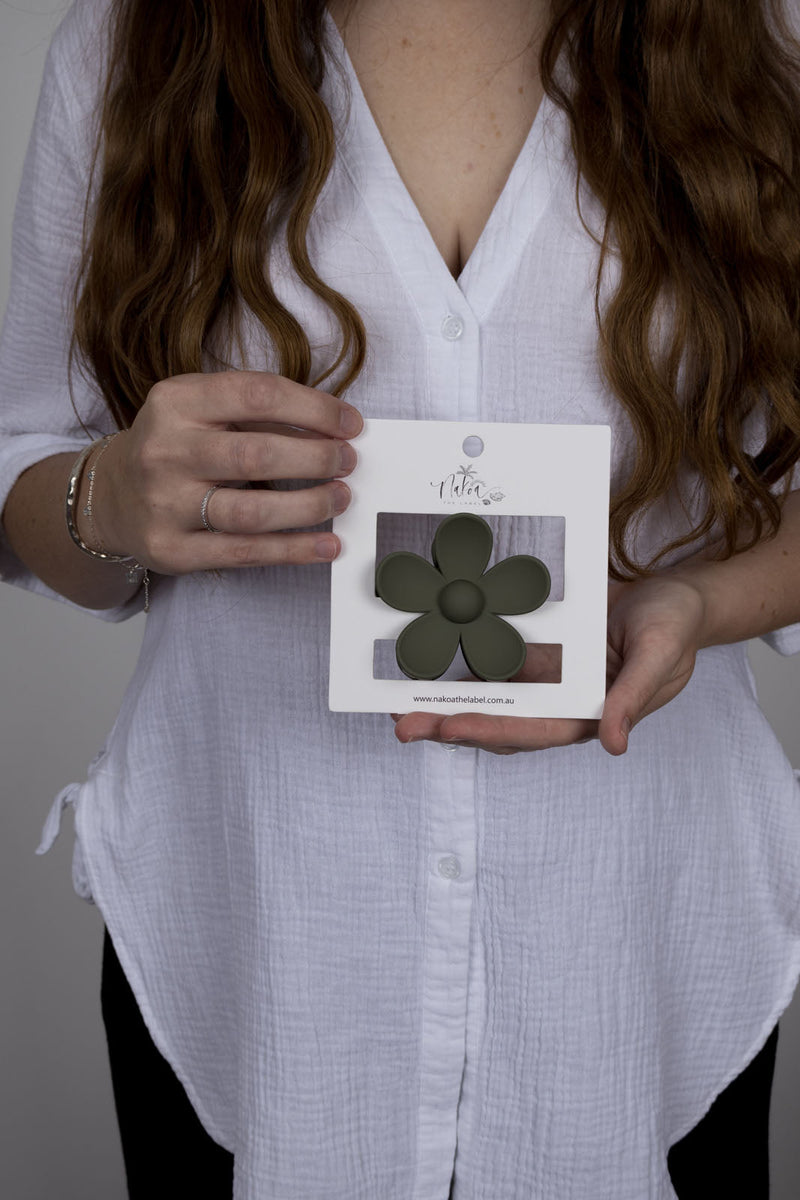Claw Clip -- Flower - Khaki