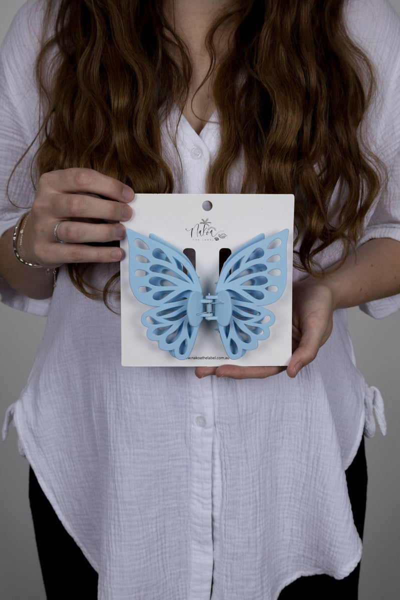 Claw Clip -- Jumbo Double Butterfly - Light Blue
