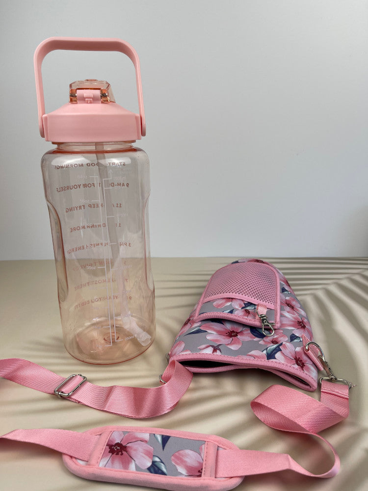 Motivational Drink Bottle + Crossbody Bag - 2 Litre - Pink Floral