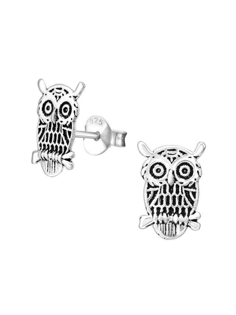 Silver Owl Stud Earrings Oxidized