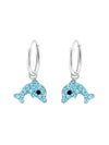 Silver Hanging Dolphin Huggies Earrings - Light Blue