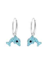 Silver Hanging Dolphin Huggies Earrings - Light Blue