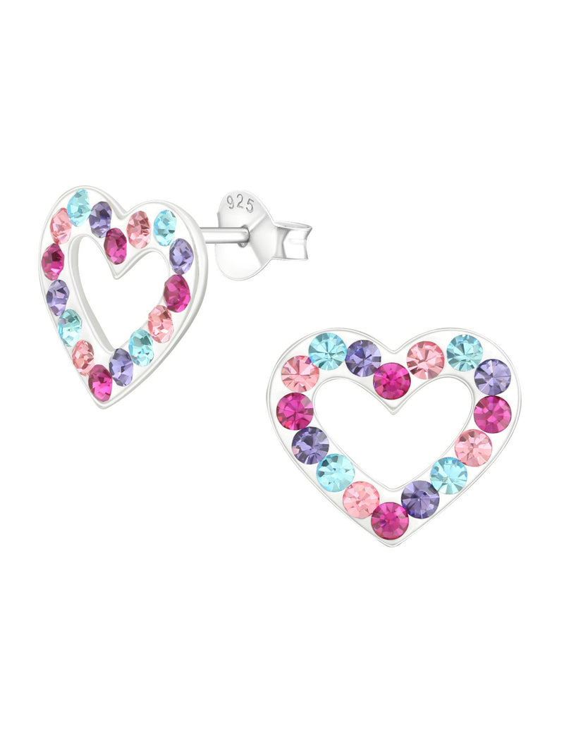 Silver Heart Stud Earrings - Crystal