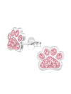 Silver Paw Print Stud Earrings - Pink