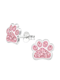 Silver Paw Print Stud Earrings - Pink