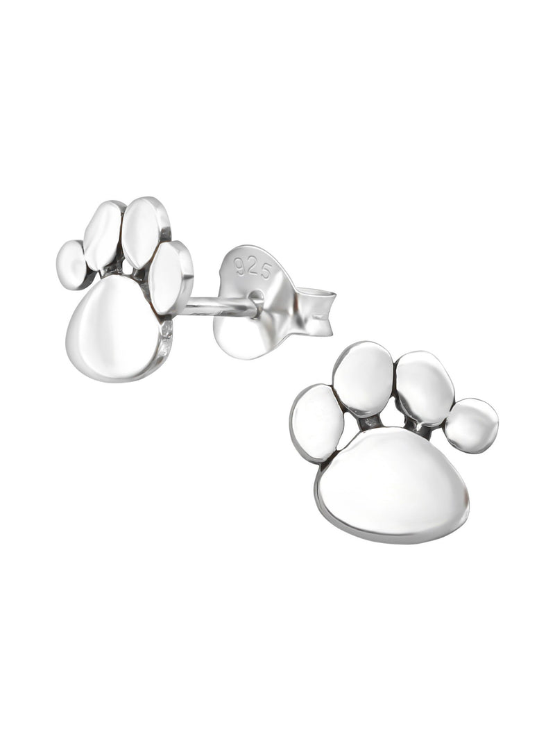 Silver Paw Print Stud Earrings - Oxidized