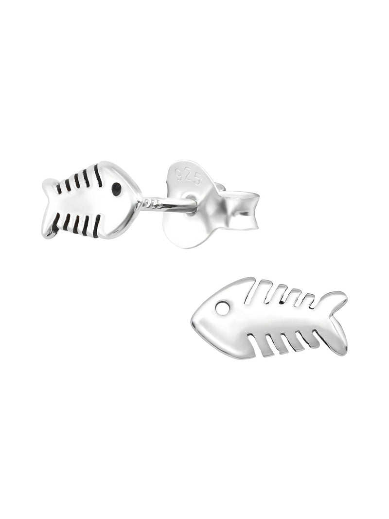 Silver Fish Bone Stud Earrings - Oxidized
