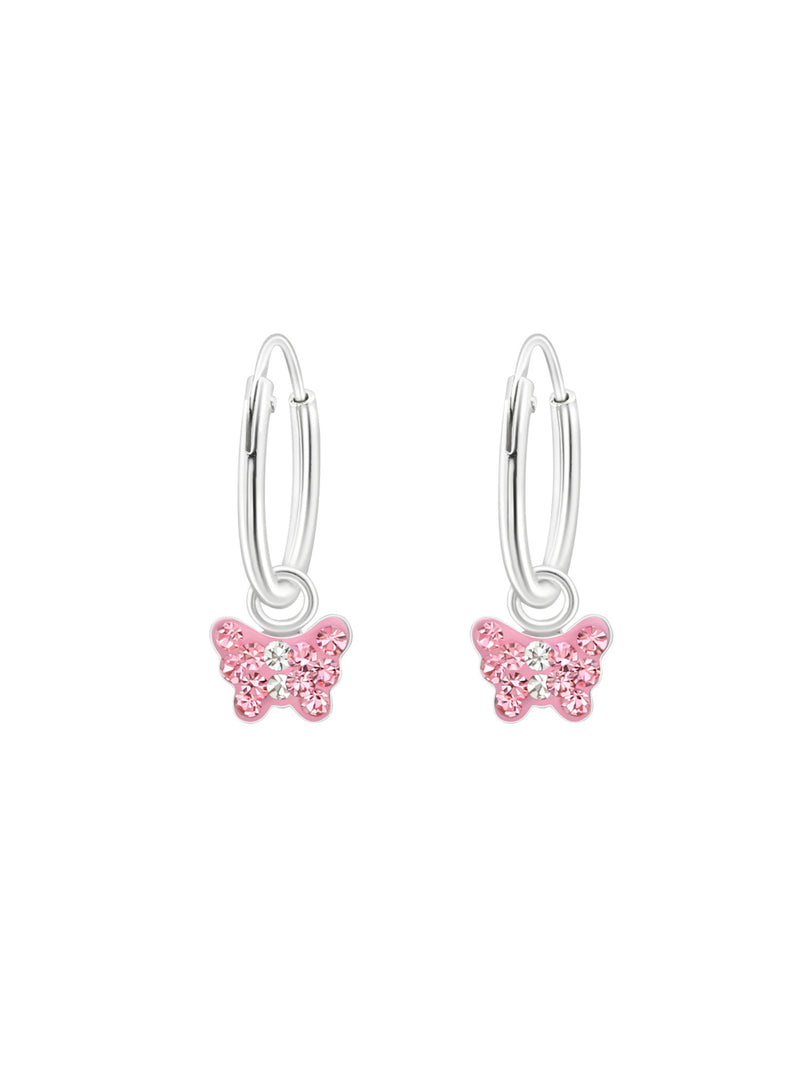 Silver Ear Huggies with Hanging Butterfly - Pink