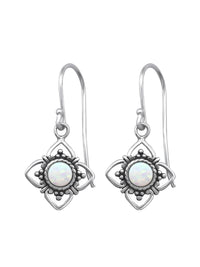 Silver Flower Earrings -  Opal - Fire Snow
