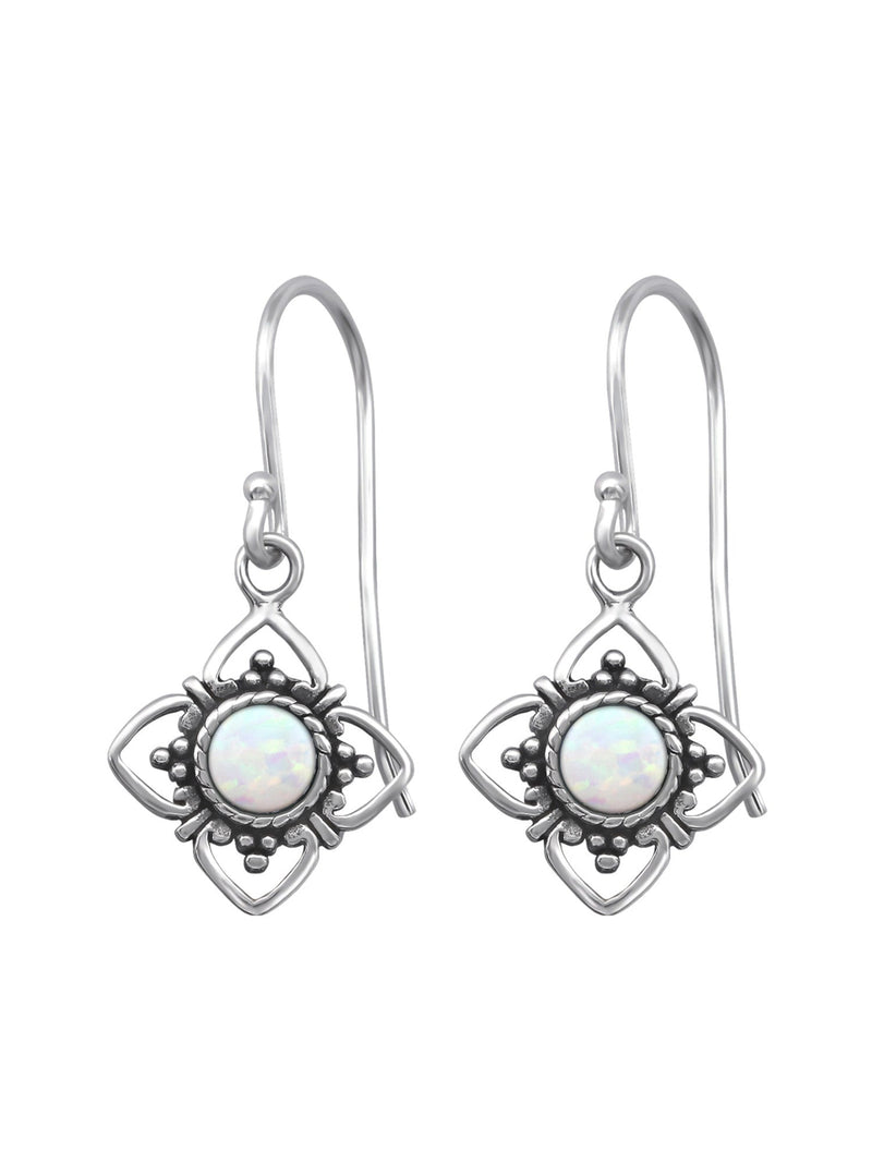 Silver Flower Earrings -  Opal - Fire Snow