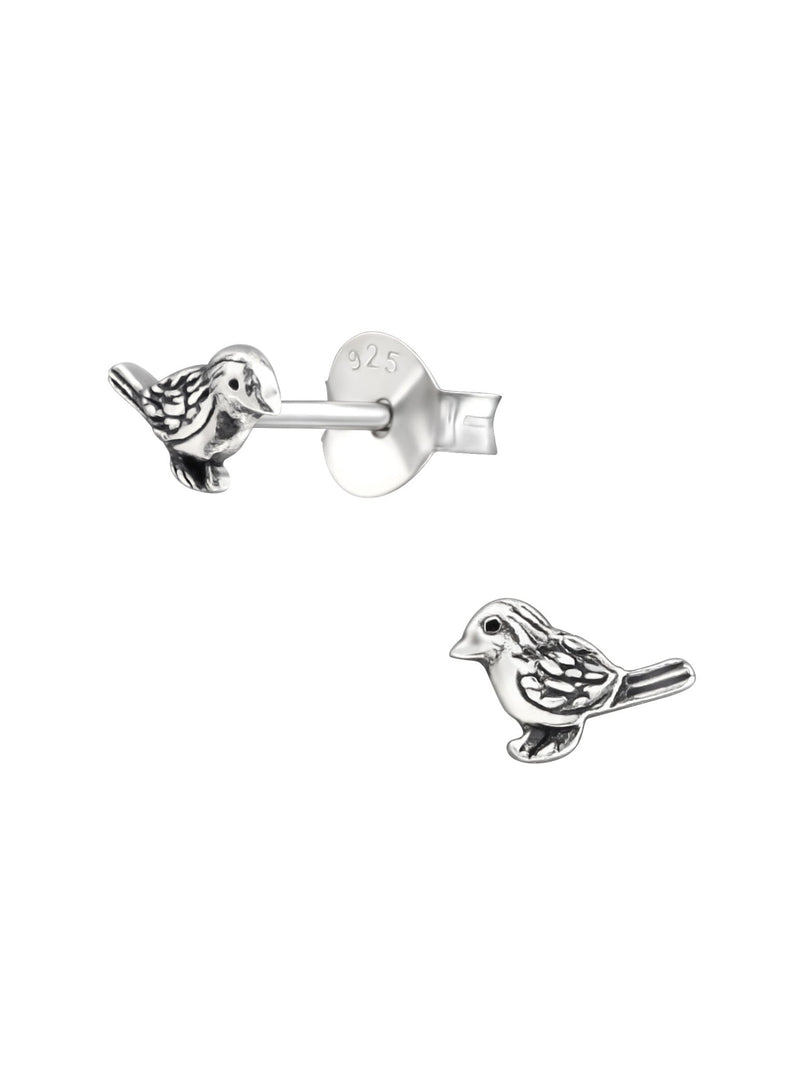Silver Bird Stud Earrings Oxidized