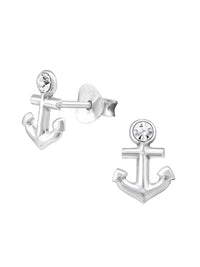 Silver Anchor Stud Earrings - Crystal