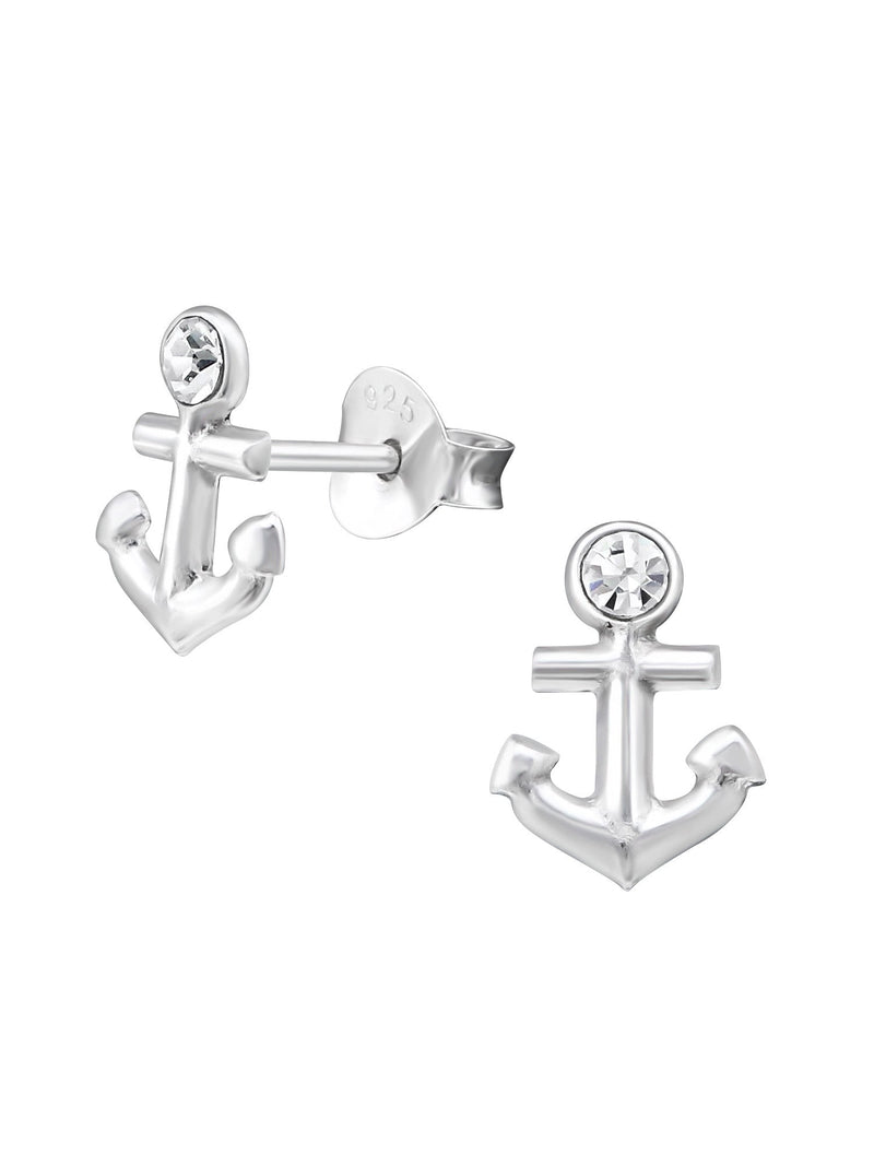 Silver Anchor Stud Earrings - Crystal