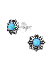 Silver Flower Stud Earrings - Opal Azure Oxidized