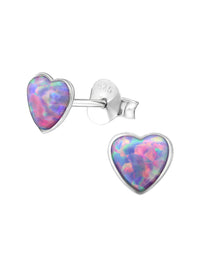 Silver Heart Stud Earrings - Opal - Lavender