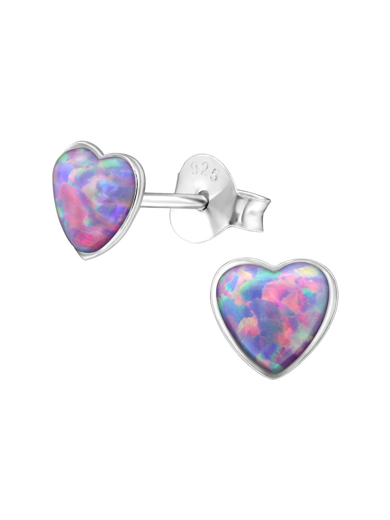 Silver Heart Stud Earrings - Opal - Lavender