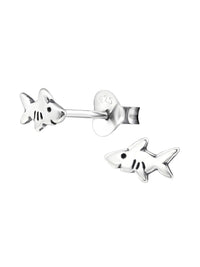 Silver Shark Stud Earrings - Oxidized