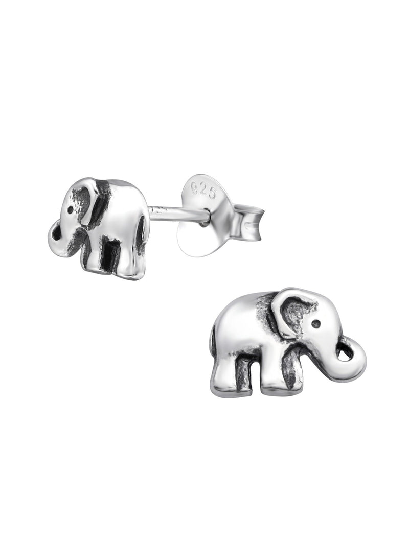 Silver Elephant Stud Earrings - Oxidized