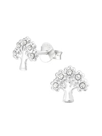 Silver Tree Stud Earrings - Crystal