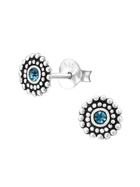 Silver Round Stud Earrings - Crystal Montana Oxidized