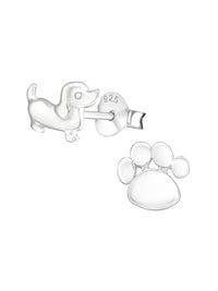 Silver Dog and Paw Print Stud Earrings