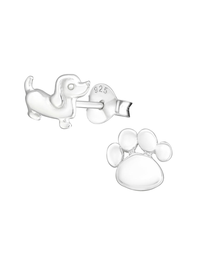 Silver Dog and Paw Print Stud Earrings