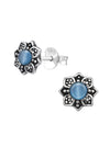 Silver Flower Stud Earrings - Oxidized - Cat Eye