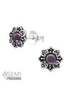 Silver Flower Stud Earrings - Semi Precious Natural Stone Genuine Amethyst Oxidized